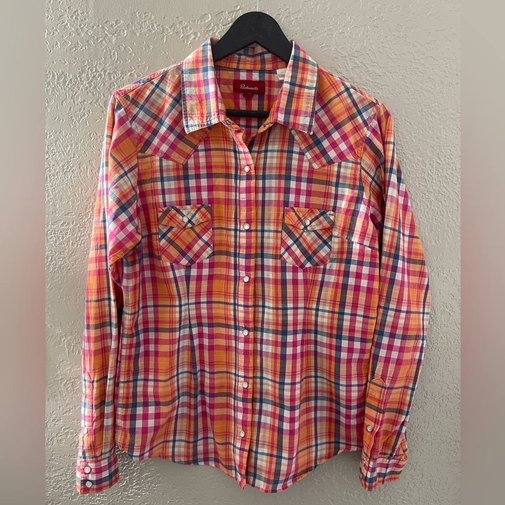 Panhandle Women's Plaid Button-Down Shirt in Orange‎ and Pink
